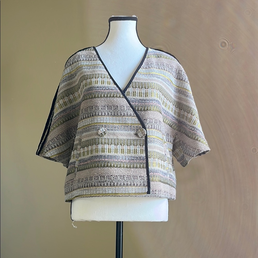 NWT - AGLINI Kimono Sleeve Jacket in Woven Cotton - Neutrals with Silver Thread